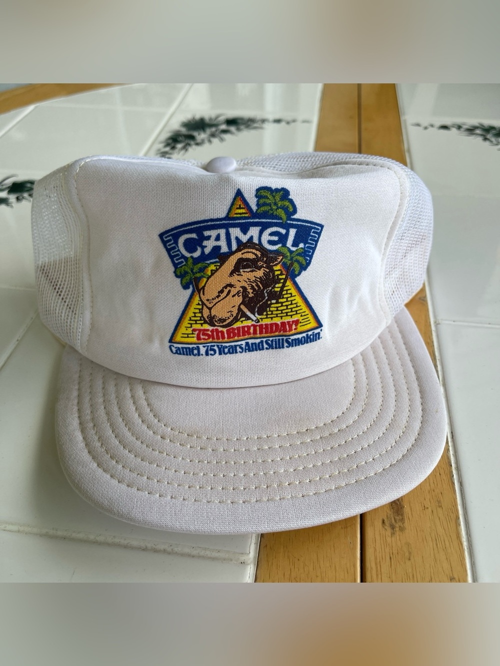 Vintage Camel SnapBack Hat Trucker Mesh 75th Birthday Promo White Retro USA Made